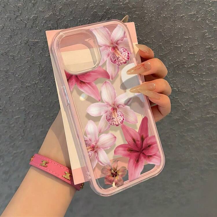 1pc Pink Butterfly Flower Pattern New Personalized Frame 2-In-1 Transparent Full Coverage TPU Anti-Drop Fashion Phone Case Compatible With IPhone 11 12 13 14 15 16 17 Pro Max - Multicolor - View 1