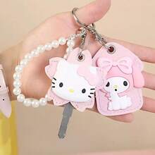 SANRIO 1pc Hello Kitty Keychain Key Cover With Pink Floral Pattern And Pearl Bracelet Strap, Small RFID Protective Card Holder, Cute Accessory Gift For Women's Backpack And Handbag Decoration - View 15