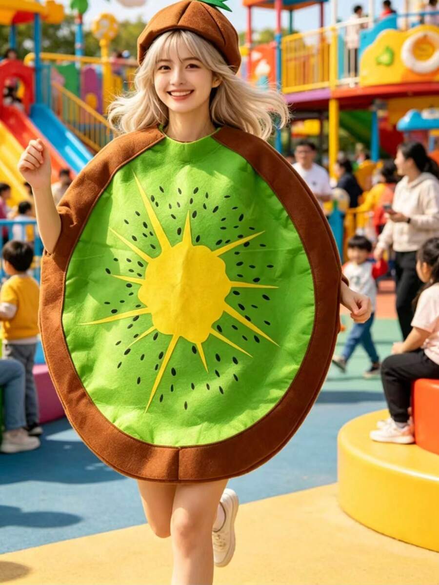 2pcs Non-Woven Fabric Costume Set, Orange And Kiwi Slice Theme, Includes Hat, Suitable For Various Party Performances And Themed Events, Halloween