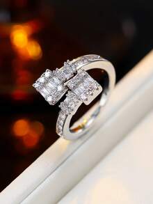 1 Set Women's Fashion Luxury Open Cuff Bracelet & Ring 2pcs Set, Square Copper Zirconia Inlaid, Party & Daily Wear Accessories, Gift - Jewelry Set - View 5