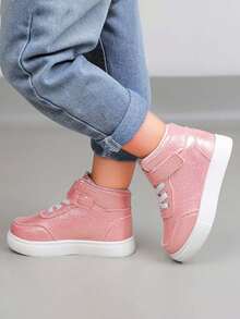 High-Top Sneakers Cute Shiny Surface Hook And Loop Soft Sole Non-Slip Toddler Casual Sports Walking Shoes - Pink - View 6