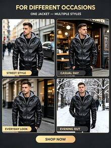 Chaqueta con capucha con cremallera y manga larga de cuero sintético para hombre, para otoño e invierno - Negro - Ver 7