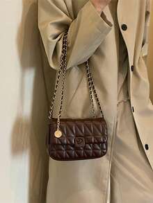 Fashion Classic Joker Solid Color Diamond Lattice Splicing Design Chain Square Bag Twist Lock Opening Closing Design Burgundy Bag - Coffee - View 5