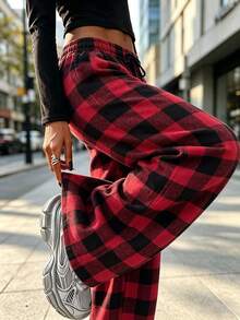 Plaid Drawstring Elastic Waist Wide Leg Pants, Women's Casual Loose Straight Leg Long Pants, Red - Red - View 6