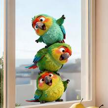 1pc Healing Style 3 Cute Parrots Glass Sticker, Realistic 3D Effect, Removable Without Residue, Essential For Window Decoration - Multicolor - View 6