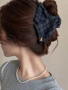 1 pieza Pinza de pelo triangular a cuadros azul marino, pinza de pelo de alta gama para mujeres con cabello grueso, accesorios de pelo de verano - Azul Marino - Ver 8