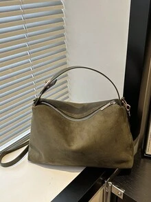 1件女款秋冬新款新月形手提包，時尚極簡麂皮布料包，適合約會送禮、通勤、購物 - 軍綠色 - 查看 5