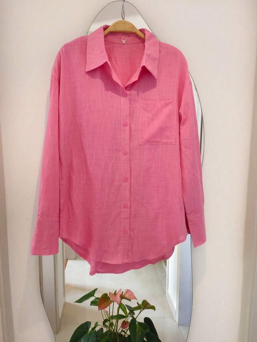 Women's Long Sleeve Button-Down Shirt - 粉色亞麻 - 查看 1
