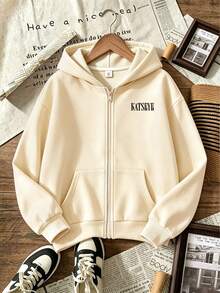 Girls' KATSEYE Girl Group Print Hooded Zip-Up Sweatshirt, Casual Long-Sleeve Jacket, Comfortable And Soft Fabric, Suitable For Autumn And Winter - Apricot - View 3
