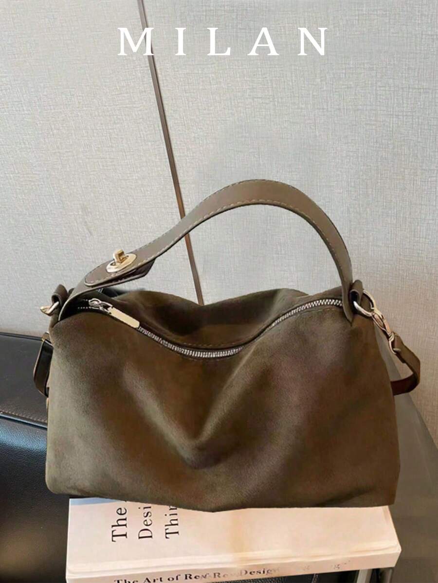 1件女款秋冬新款新月形手提包,時尚極簡麂皮布料包,適合約會送禮、通勤、購物 - 軍綠色 - 查看 1