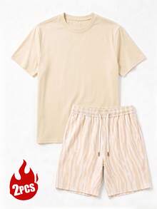 Men's Summer Crew Neck Casual T-Shirt And Casual Shorts Loungewear Set - Apricot - View 6