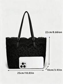 Lace Fairy Style Women's Tote Bag, New Casual Commute Large Capacity Handbag Shoulder Bag - Black - View 4