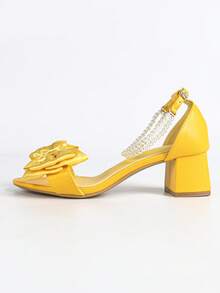 Women's Pearl Chain Bow Decor Satin White 5cm Chunky Heel Sandals, Versatile For Multiple Occasions, Summer - Yellow - View 5