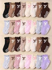 6/12/24 Pairs Random Baby Ruffle Socks, Anti-Slip, Cute Bow Pattern, Newborn Essentials Stuff, Fall Socks, Baby Shower Gifts, Halloween, Ruffle Socks - Multicolor - View 3