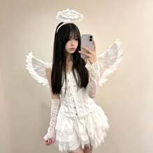 1 Peça Fantasia de Anjo Demônio com Asas - Traje de Penas Falsas Macias Brancas com Tiara em Formato de Coração, Estrutura de Papelão Durável Leve e Ajustável - Adequado para Halloween, Natal, Festa de Casamento, Cosplay, Acessórios de Fantasia - Multicolorido - Visão 10