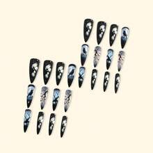 10pcs Halloween Wearable Nails Black & White Ghost Face Spider Web Skull Bat Horror Style Short Square False Nail Tips - Blue and White - View 2