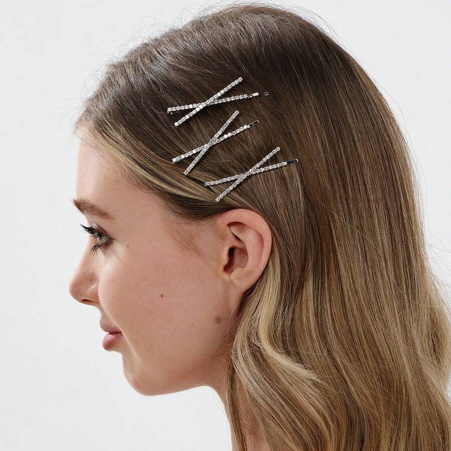 2pcs Silver Cross Rhinestone Hair Clips, Super Shiny Heavy Rhinestone Decorated Exquisite Straight Hair Clips For Women, Korean Style Side Bangs Hair Clips - Silver - View 1