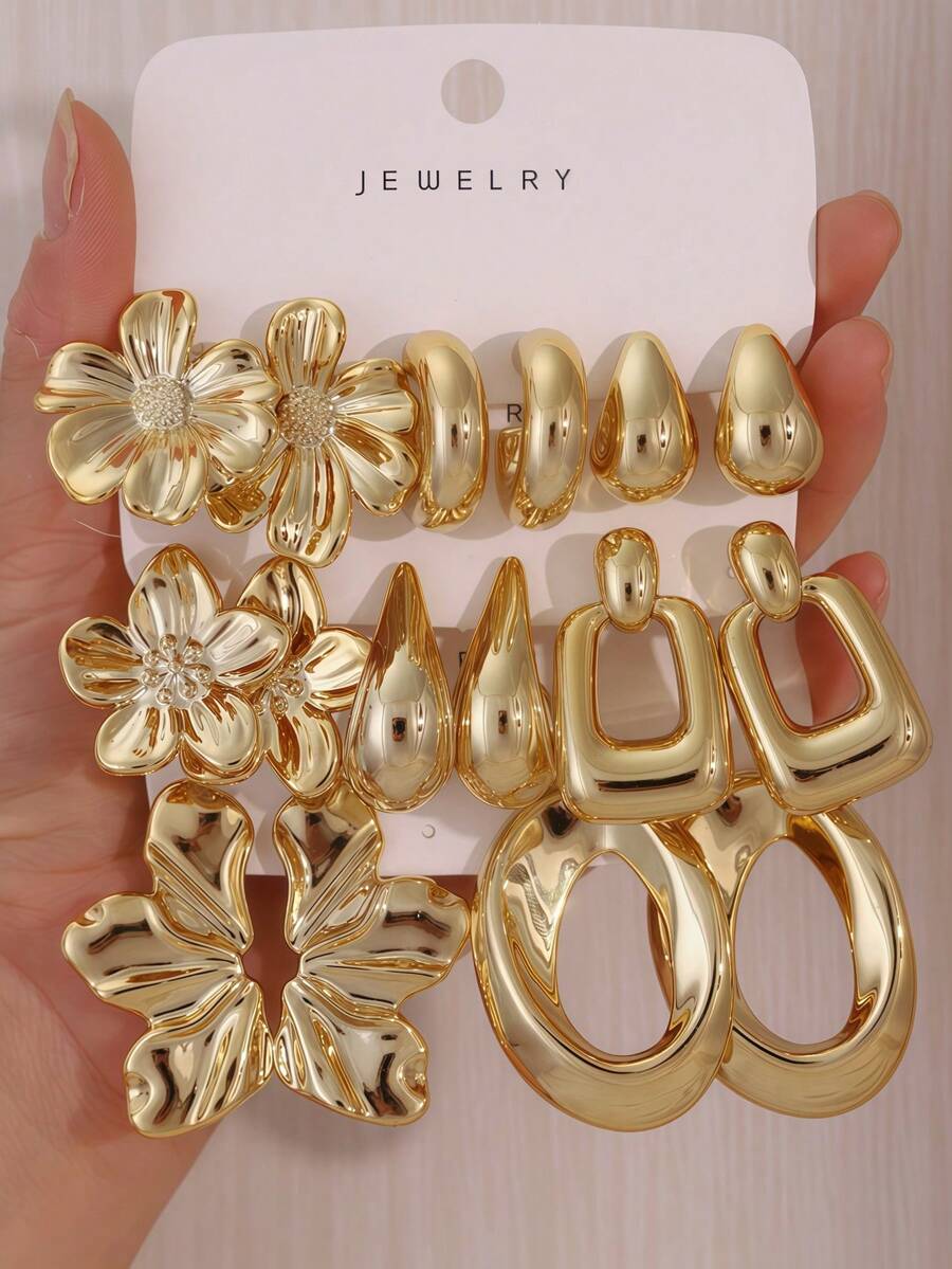2/6/16PCS Vintage Style Mixed Plated CCB Earrings Set, Floral & Geometric Versatile Ear Jewelry - Gold - View 1