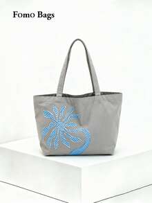 日韓風 INS 花朵貼花刺繡女款肩背包，大容量通勤外出日常購物帆布托特包，小眾設計腋下單肩手提包 - 淺灰色 - 查看 1