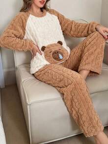 Women's Thick Cable Knit Coral Fleece Pajama Set, Raglan Long Sleeve Loose Wide Leg Pants, Cute Cartoon Home Wear, Can Be Worn Outdoors, Autumn/Winter - Camel - View 4