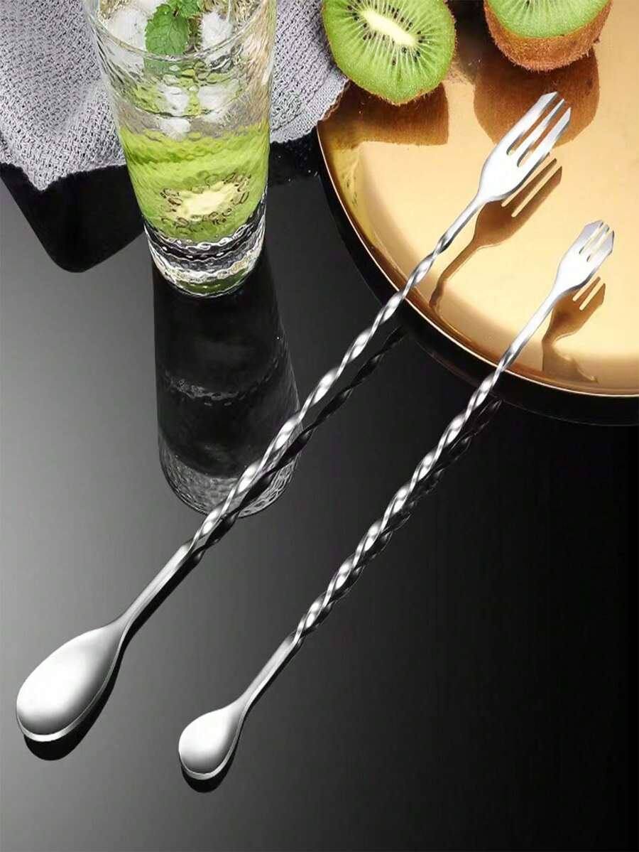 1 cái/2 cái thìa bar bằng thép không gỉ, thanh khuấy cán dài thiết kế ren, thìa bar cocktail hai đầu - Xem 1
