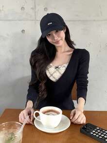 Women's Lace Patchwork 2 In 1 Long Sleeve T-Shirt, Slim Fit, Flattering, Inner Layer Base Top Black - Black - View 1