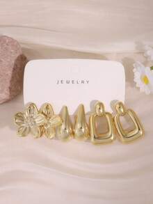 2/6/16PCS Vintage Style Mixed Plated CCB Earrings Set, Floral & Geometric Versatile Ear Jewelry - Gold - View 11
