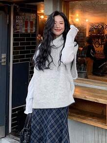 Korean Style Turtleneck Sweater Vest For Women, New Loose Relaxed Layering Top - Light Grey - View 5
