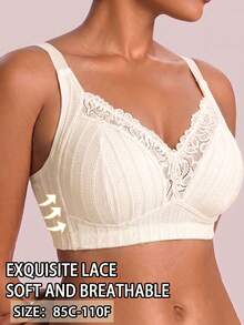 1pc Casual Comfortable Minimalist Plus Size Women's Bra With Lace Patchwork, Wire-Free Soft Comfortable Lingerie - Apricot - View 5