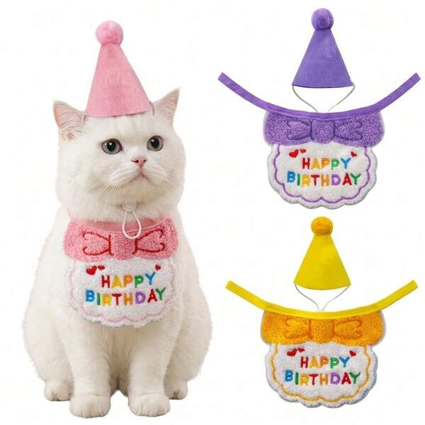 1 Set Pet Birthday Party Outfit, Cat Dog 1st Birthday Hat & Bib Set With Pom-Pom, Adjustable Hook And Loop, Lightweight, Cute Photoshoot Prop For Small Dogs Cats Puppy Kitten, Colorful, Perfect For Party Celebration & Holiday Dress Up, Pet Gift
