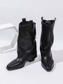 Sepatu Bot Ankle Bertumpuk Bergaya Eropa dengan Ujung Lancip dan Detail Kerut untuk Wanita, Musim Gugur/Dingin, Model Baru Vintage, Hak Tebal Serbaguna, Sepatu Bot Berkuda - Hitam - View 4