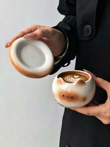 1 Set Siamese Cat Hand-Held Coffee Cup & Saucer, Niche Design Cute Cat Coffee Cup & Matching Small Round Saucer, Capacity Perfect For Arabic Coffee, Afternoon Tea, Gift - Multicolor - View 6