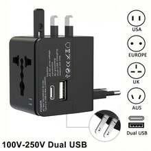 Universal International Travel Adapter With USB-C USB-A Ports, Multi Country Plug Converter For US EU UK AU JP, Travel Charger For 150+ Countries - Black - View 6