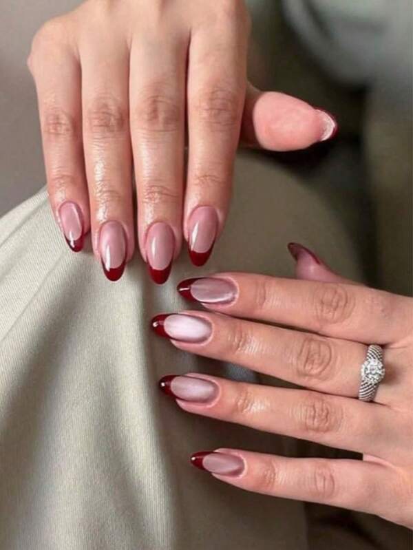 10pcs Almond-Shaped Press-On Nails, Nude Pink Glossy Fake Nails, Deep Wine Red French Tip With Simple And Elegant Design, Versatile For Women, Suitable For Daily Commute, Office, Dating, Weddings, Parties, And Holiday Wear