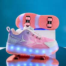 Unisex LED Rechargeable Light-Up Roller Shoes, Children's Multi-Function Transformable Roller Skates With Detachable Wheels, Suitable For Outdoor And Sports, All Seasons - Pink - View 3