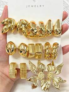 1 Pair - 9 Pairs Leaf, Water Drop, Square Earrings With Textured Stripes, Flower Asymmetrical Exaggerated Earrings Set, Resin Material, Suitable For Daily Wear. - Yellow Gold - View 12