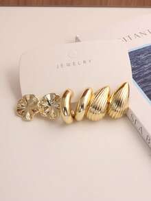 6/18PCS Fashionable Geometric Gold Metallic Earring Set, Women's Fashion Earring Set, Daily Wear, (Lightweight CCB Material, Non-Fading) - Gold - View 6