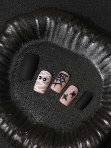 Best-Selling 3D Embossed Halloween Mummy Spider Web Short Square Press-On Nails, 24pcs Removable - Multicolor - View 4