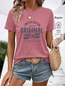 Women's Pink Knit Round Neck Short Sleeve Regular Fit T-Shirt, Targeted Print, Breathable Soft Casual - Pink - View 4