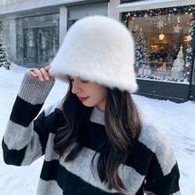 New Women's Autumn/Winter Versatile Mink Fur Bucket Hat, Solid Color Minimalist Fashion Outdoor Warm Ear Protection Cold-Proof Bell-Shaped Bucket Hat - Multicolor - View 6