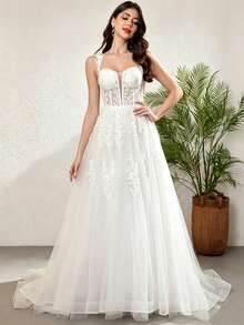 Elegant Sexy Deep V-Neck Sleeveless A-Line Off Shoulder Floor-Length Wedding Dress With Lace Patchwork And Sequin Design White Fall - White - View 1