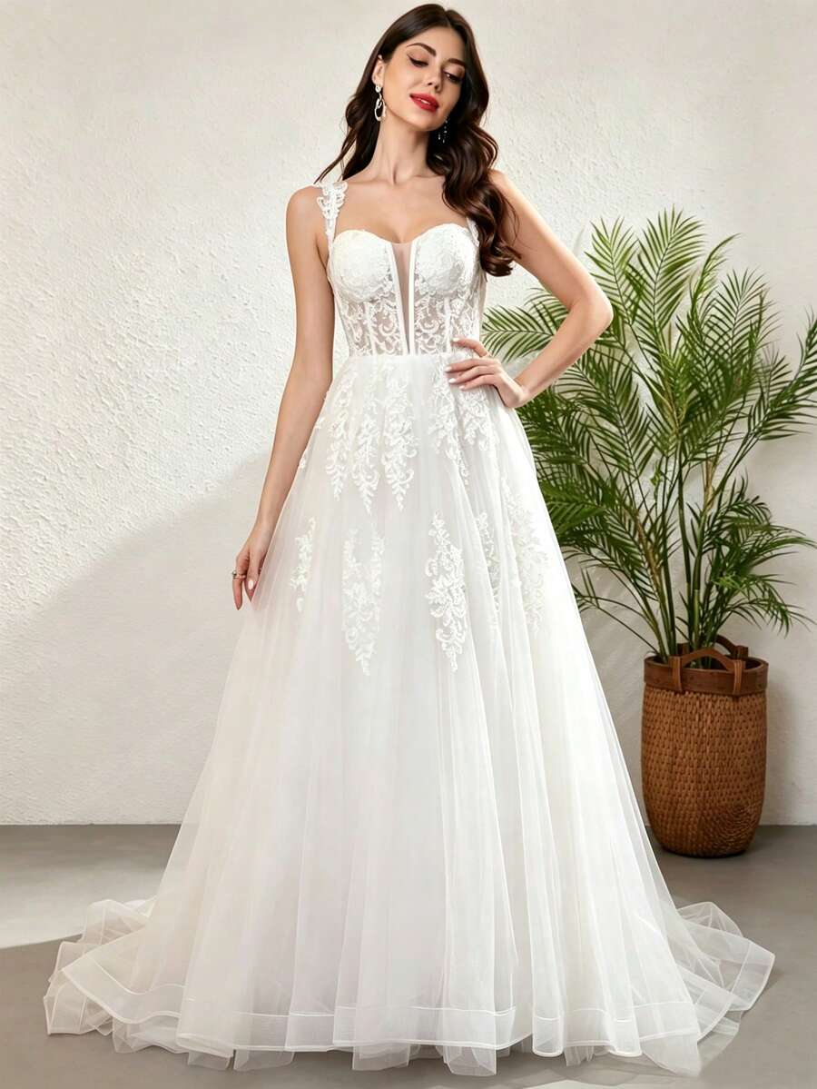 Elegant Sexy Deep V-Neck Sleeveless A-Line Off Shoulder Floor-Length Wedding Dress With Lace Patchwork And Sequin Design White Fall - White - View 1