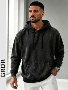 GRDR Men's Autumn/Winter Casual Street Style Distressed Washed Thermal Lined Loose Fit Hoodie - Black - View 2