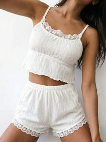 Sexy Hollow Out Spring Summer Autumn 2pcs Sleepwear Set Lace Trim Camisole & Shorts Women Loungewear - Beige - View 2