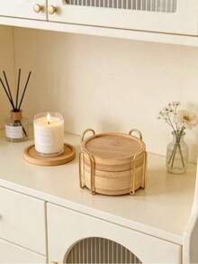 Bamboo Coaster Set With Holder - Natural Wood Coasters Waterproof Heat-Resistant For Home/Bar/Kitchen Decor - Wood Color - View 4