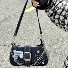 Black Star Pattern Denim Shoulder Bag, Unique Buckle Chain Baguette Bag, Vintage Niche Shoulder/Crossbody Bag - Multicolor - View 3