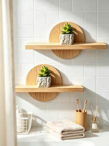 Wooden Wall-Mounted Floating Shelf, Round Backboard Wall Storage Rack, Minimalist Solid Wood Bedroom Study Display Shelf, Succulent Photo Frame Decorative Wall Shelf - Multicolor - View 6