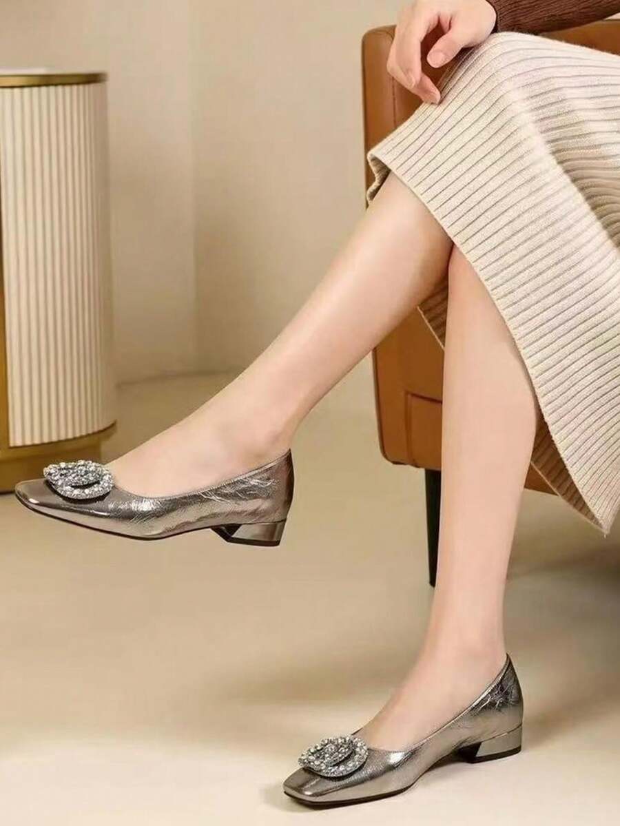 2026 New Women's Low Heel Square Toe Chunky Heel Pumps With Rhinestone Buckle, Comfortable Versatile Commuter Shoes, Silver - Silver - View 1