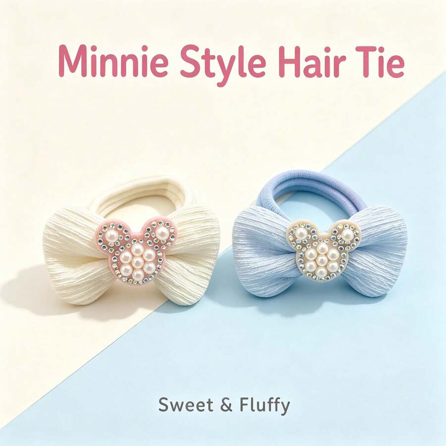 Coleteros de tela con lazo estilo Disney Minnie, perlas y strass, accesorios para el cabello de decoración navideña y de Halloween, beige y azul, 2 colores disponibles - Multicolor - Ver 1
