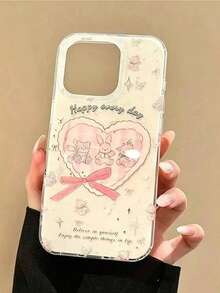 1pc New Korean Ins Style White Shell Pink Rabbit Heart Bow Letter Star Design Phone Case, Minimalist Premium Compatible With Apple 17pm, Fashionable Compatible With Apple 16, Niche Unique Compatible With Apple 15p, Business Compatible With Apple 14plus, Personalized Compatible With Apple 13, Cartoon Compatible With Apple 12pm, Anti-Drop Protective Cover Compatible With Apple 11 - Pink - View 1